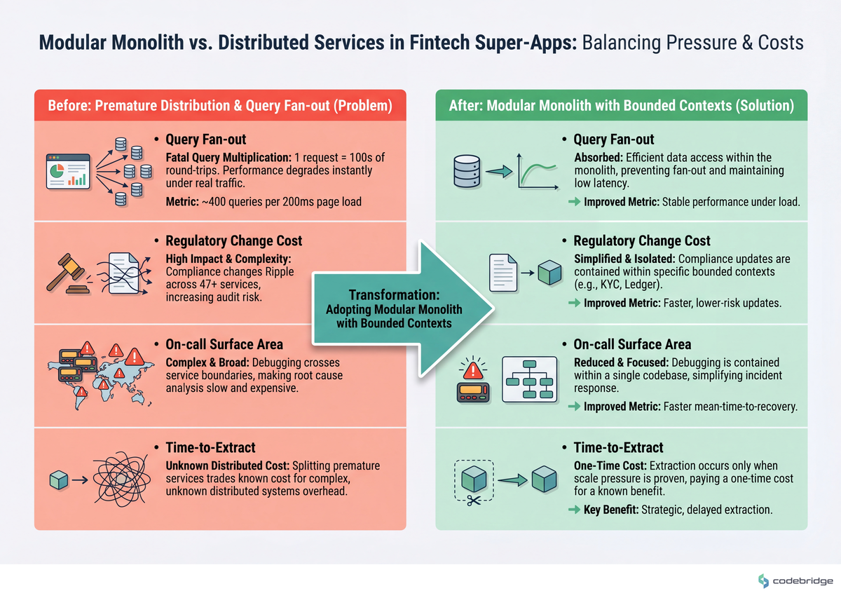 Across query fan-out, regulatory change cost, on-call surface area, and time-to-extract — the modular monolith absorbs the first three and pays a one-time cost on the fourth