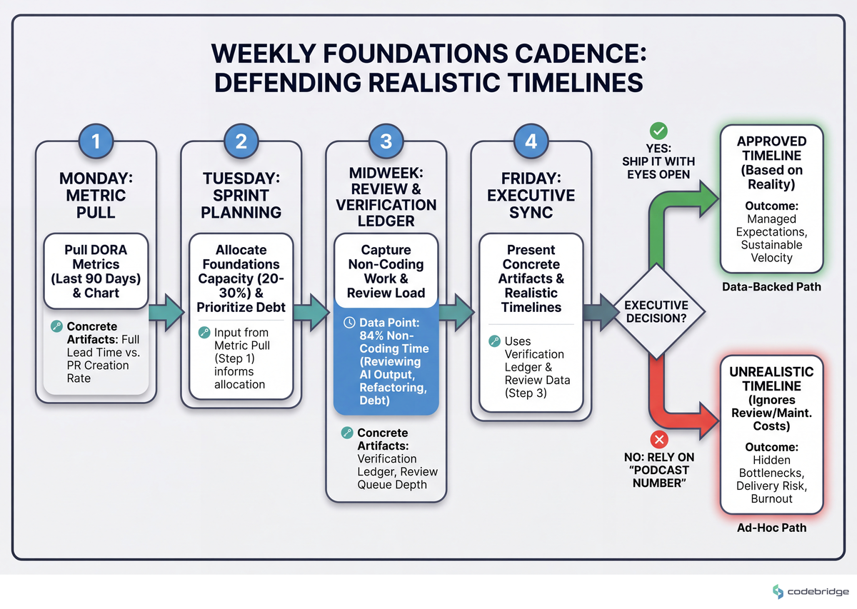 Weekly foundations cadence — Monday's metric pull feeds Tuesday's sprint planning, midweek review captures the verification ledger, and Friday's executive sync uses the ledger to defend timelines.