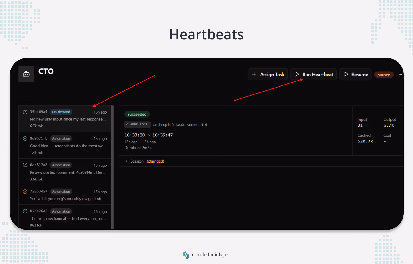 Paperclip interface showing the CTO agent and its "heartbeats"