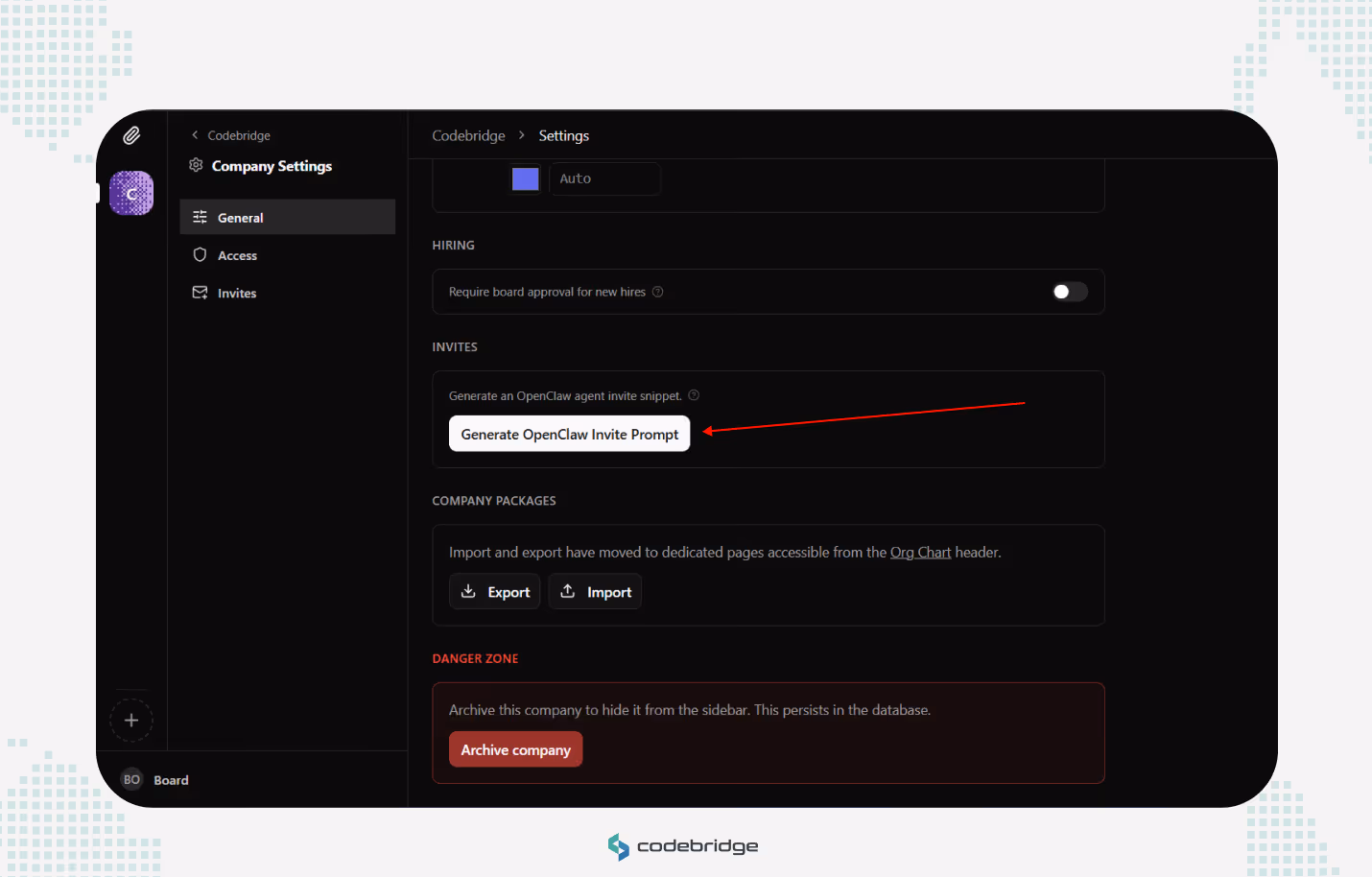 Paperclip Company Settings screen opened to General settings, showing the Invites section with a “Generate OpenClaw Invite Prompt” button highlighted. The screen indicates the current invitation-based path for connecting OpenClaw, where users generate an invite prompt and paste it into the OpenClaw chat or runtime environment so OpenClaw can join the Paperclip company context with the correct role, goals, and operating boundaries.