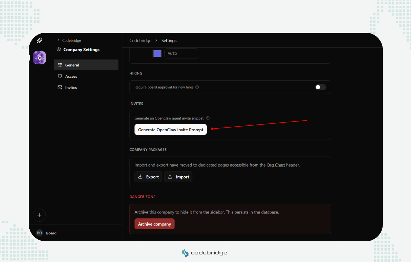 Paperclip Company Settings screen opened to General settings, showing the Invites section with a “Generate OpenClaw Invite Prompt” button highlighted. The screen indicates the current invitation-based path for connecting OpenClaw, where users generate an invite prompt and paste it into the OpenClaw chat or runtime environment so OpenClaw can join the Paperclip company context with the correct role, goals, and operating boundaries.