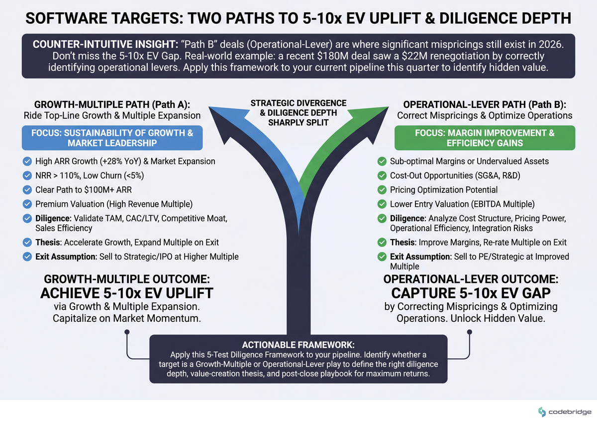 Growth-Multiple vs. Operational-Lever software targets — diligence depth, value-creation thesis, and exit assumption diverge sharply between the two