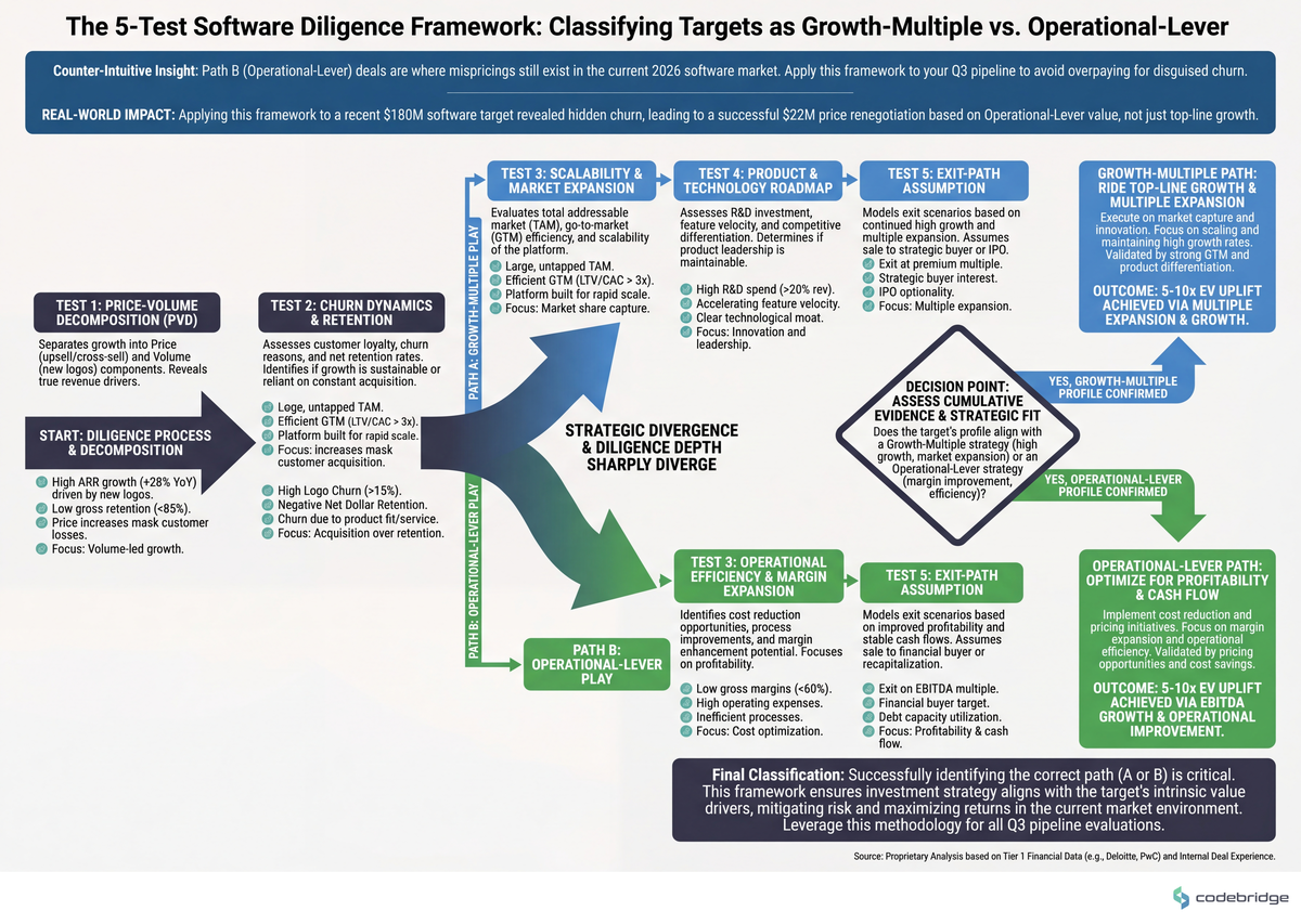 Five-test diligence sequence — from price-volume decomposition through exit-path assumption — for classifying a software target as Growth-Multiple or Operational-Lever