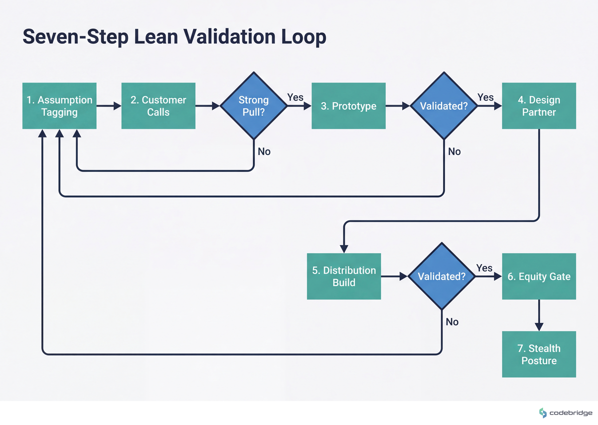 The seven-step lean validation loop — assumption tagging, customer calls, prototype, design partner, distribution build, equity gate, stealth posture