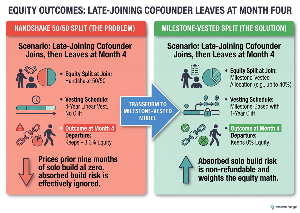 Handshake 50/50 split vs milestone-vested split — what each absorbs when a late-joining cofounder leaves at month four