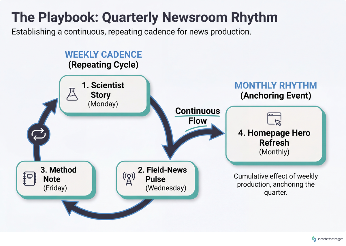 Weekly newsroom cadence — scientist story Monday, field-news pulse Wednesday, method note Friday — with monthly homepage hero refresh anchoring the rhythm