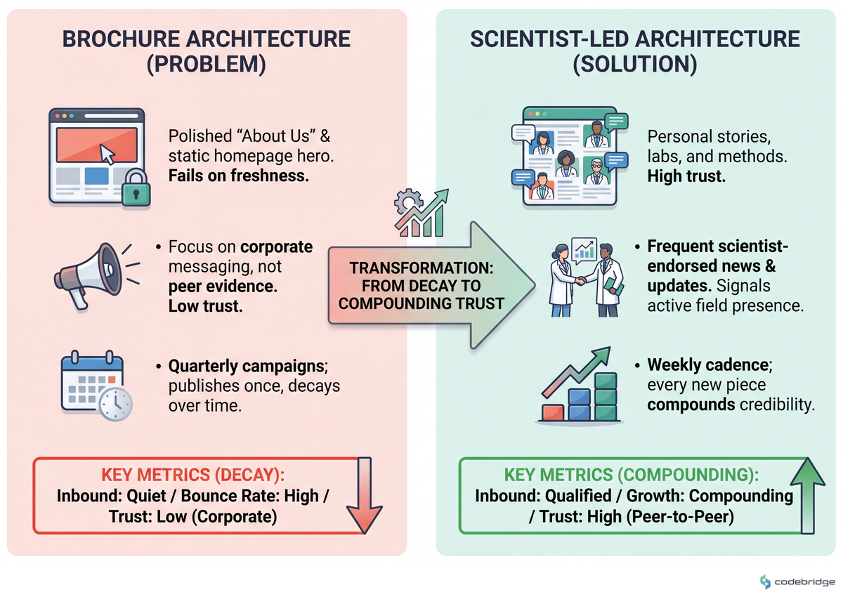 Brochure architecture publishes once and decays; scientist-led architecture compounds because every published piece adds a new credible name to the surface area