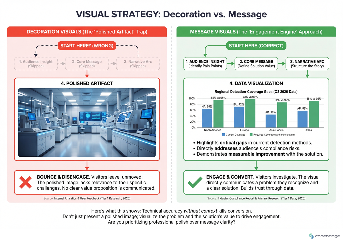 Decoration visuals (hero photo of a lab) versus message visuals (a chart showing detection-coverage gaps in your audience's specific region) — the second drives engagement; the first looks professional
