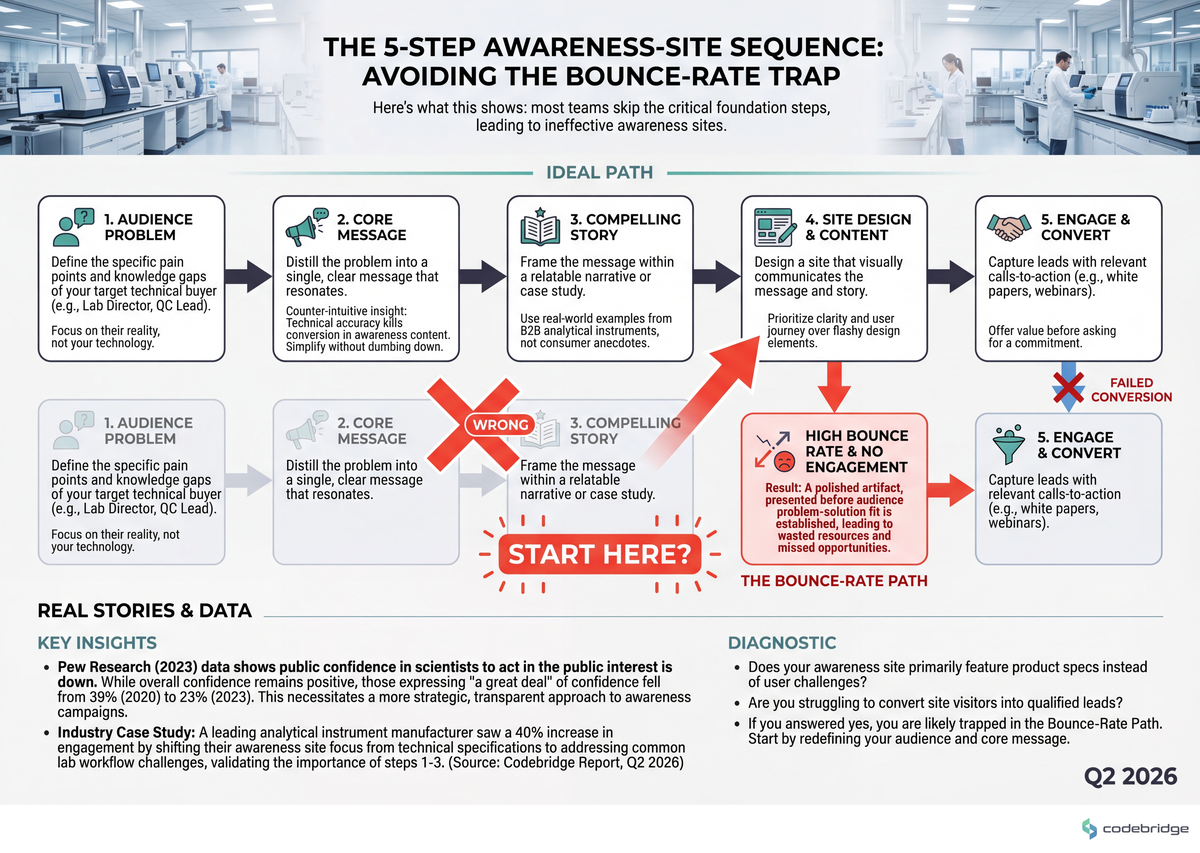 The five-step awareness-site sequence — most teams skip steps 1 and 2 and start at step 4, which is where the bounce rate gets baked in
