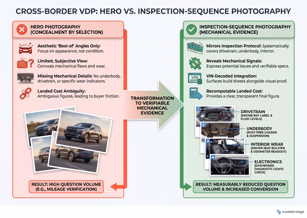 Hero photography versus inspection-sequence photography - same vehicle, two listings, the inspection sequence reveals four mechanical signals the hero set never shows
