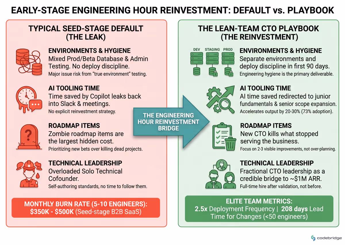 The right column shows where lean teams reinvest engineering hours — and where typical seed-stage setups quietly leak them.