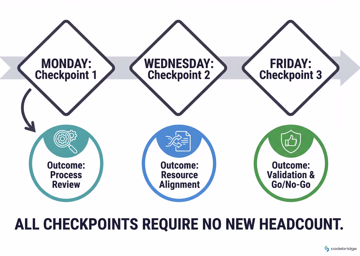 Three concrete checkpoints between Monday and Friday — none of them require new headcount.