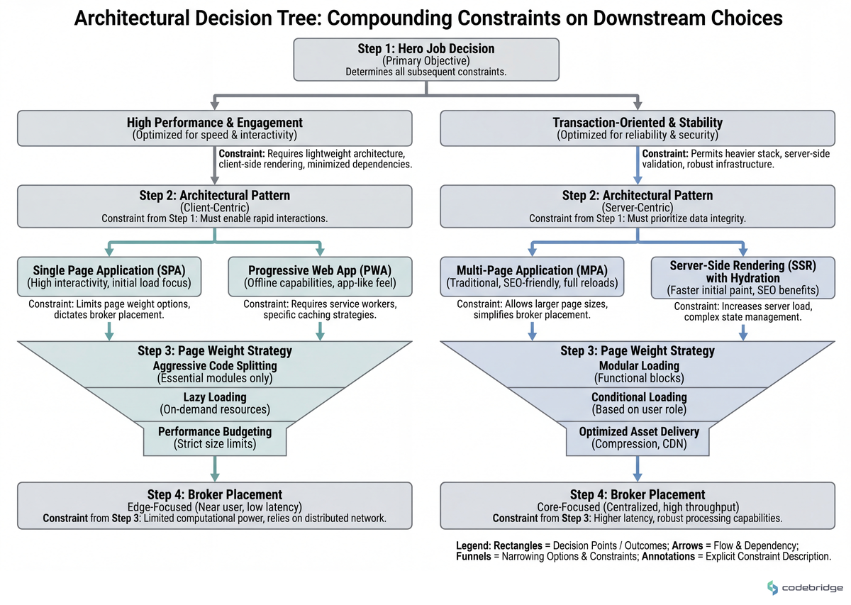 The decision tree below shows where each architectural fork compounds — the hero job decision (step 1) determines every downstream choice from page weight to broker placement.