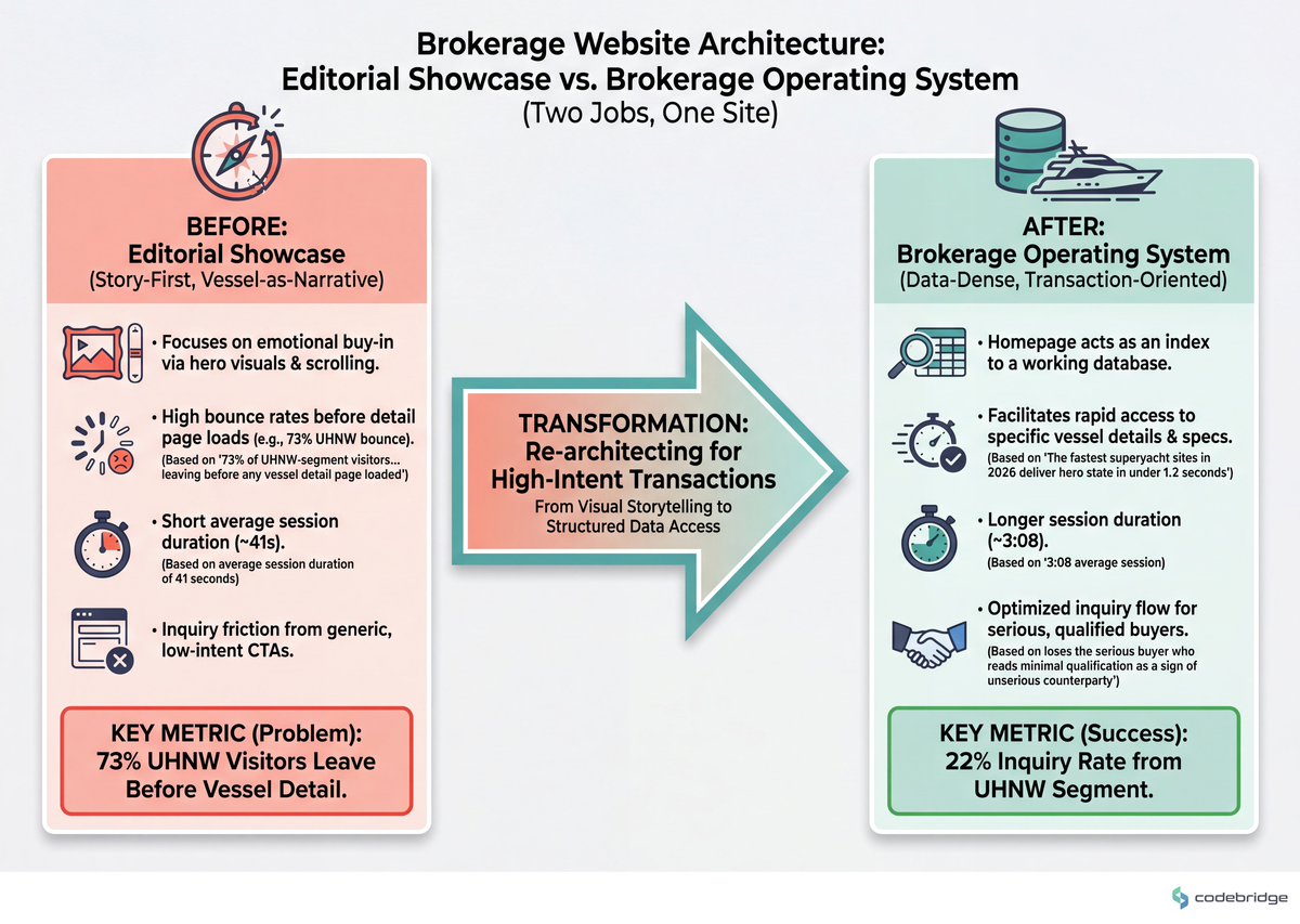 The right column reveals why this matters — Editorial Showcase optimizes for emotional buy-in before any detail page, while the Brokerage OS treats the homepage as an index into a working database.