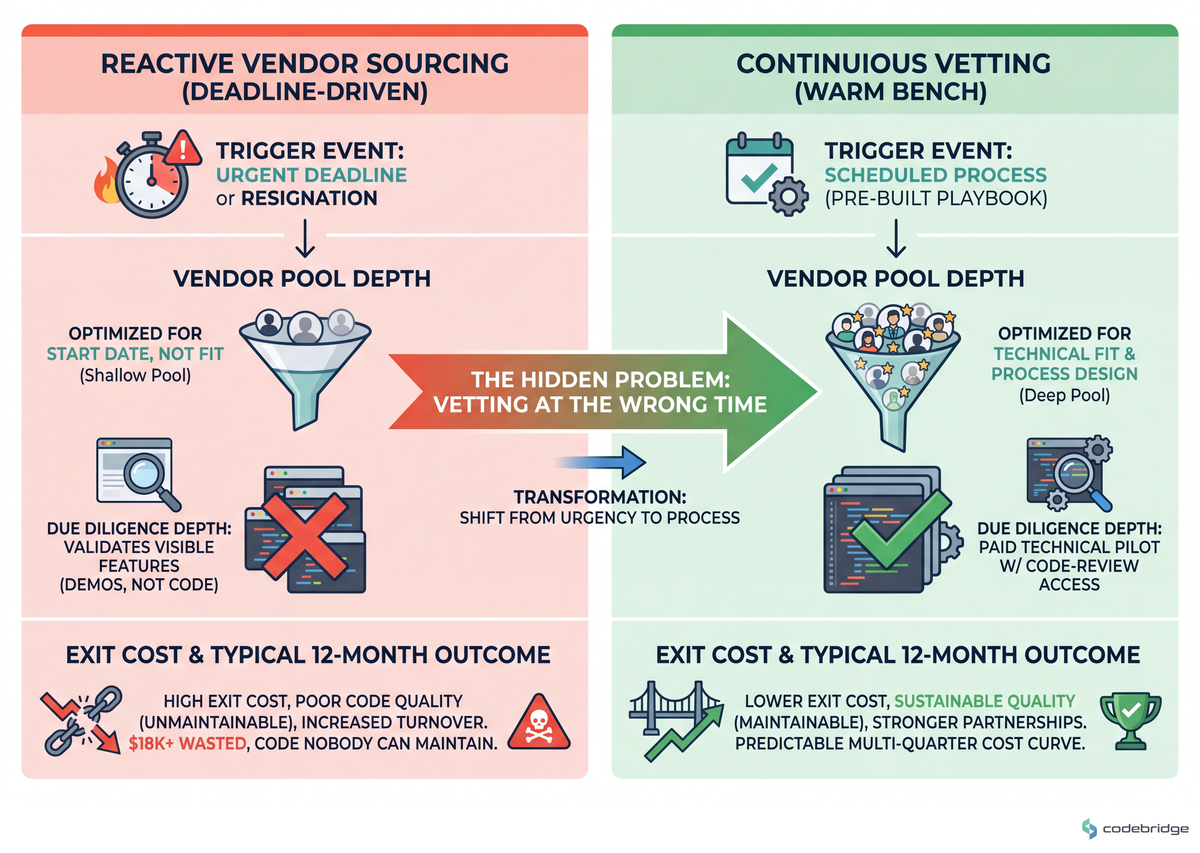 Reactive vendor sourcing (under deadline) vs. continuous vetting (warm bench) — compares trigger event, vendor pool depth, due diligence depth, exit cost, and typical 12-month outcome