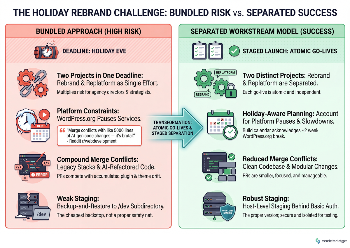 Left column shows what breaks when rebrand + replatform + holiday launch collapse into one deadline; right column shows the staged separation that keeps each go-live atomic.