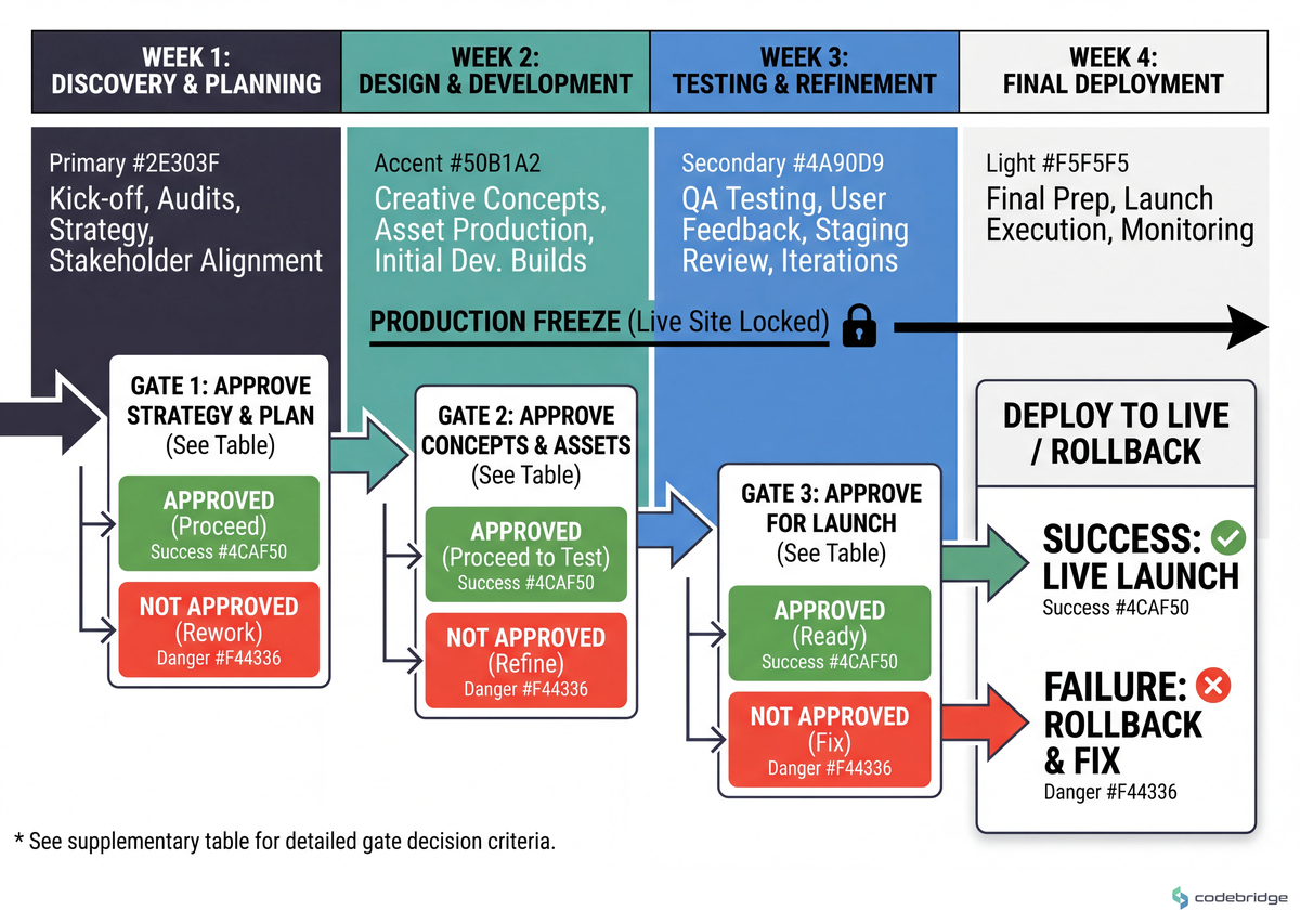 Four-week pre-holiday rebrand playbook with gate decisions at the end of weeks 1, 2, and 3 — and the production freeze line that locks the live site from week two onward.