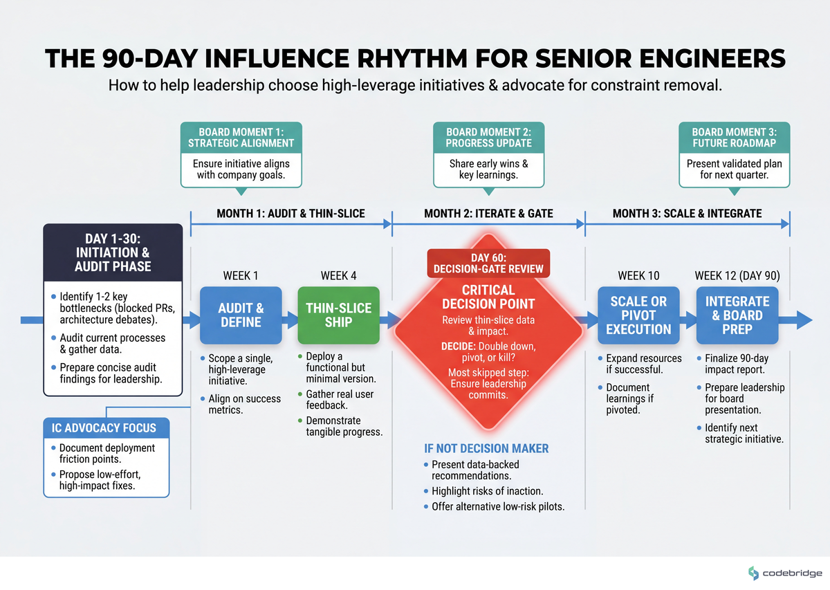 The 90-day rhythm: audit in week one, thin-slice ship in week four, decision-gate review at day 60. The day-60 gate is the most-skipped step and the one that distinguishes second-year CTOs from first-year-only ones.