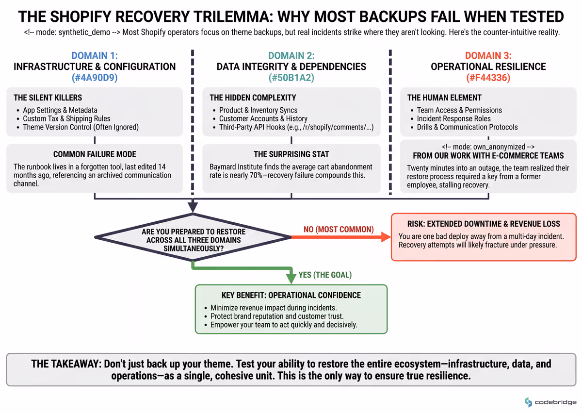 Five-step Shopify recovery playbook — from theme version control through restore drills — with the dependency each step creates for the next