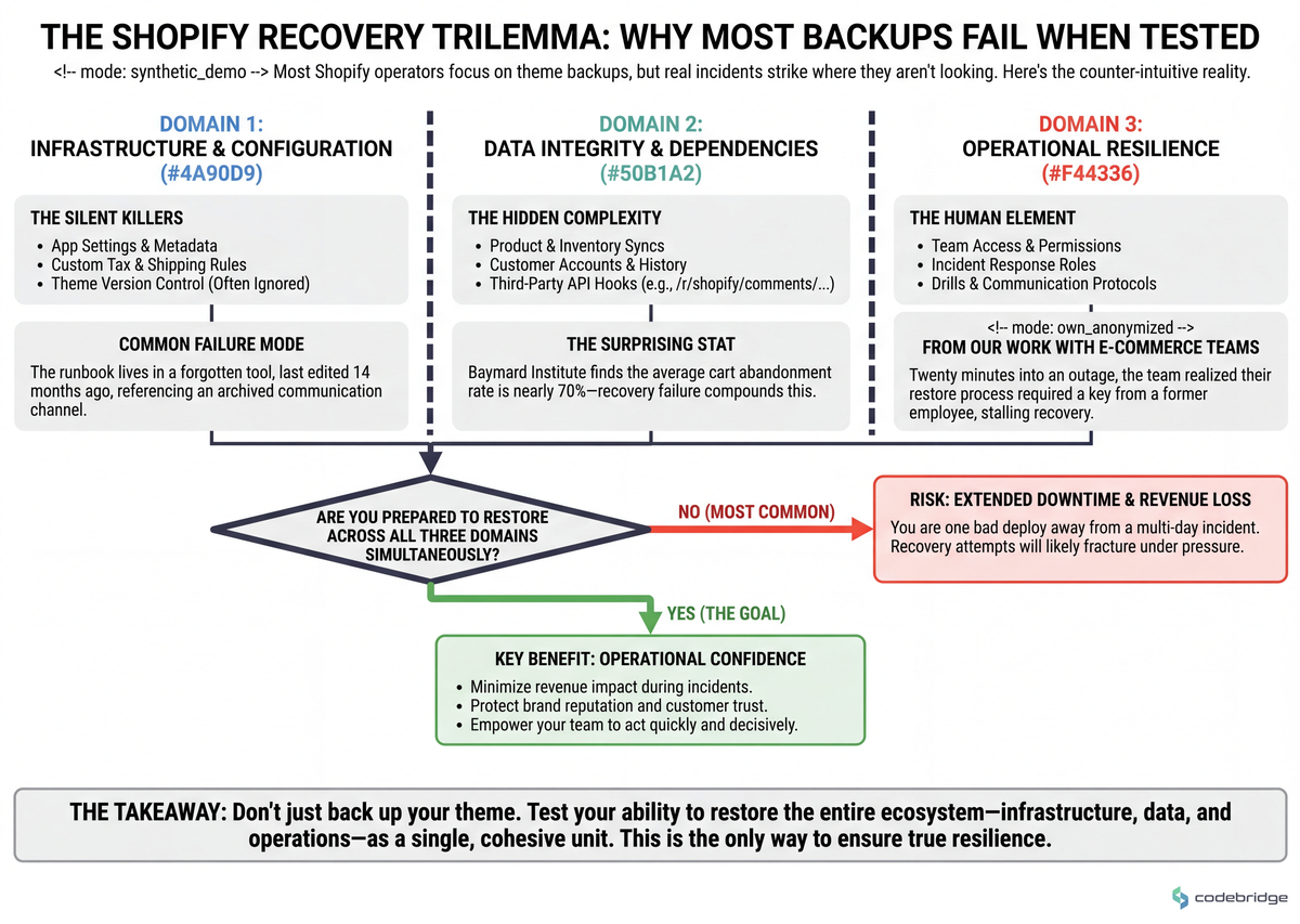 Five-step Shopify recovery playbook — from theme version control through restore drills — with the dependency each step creates for the next