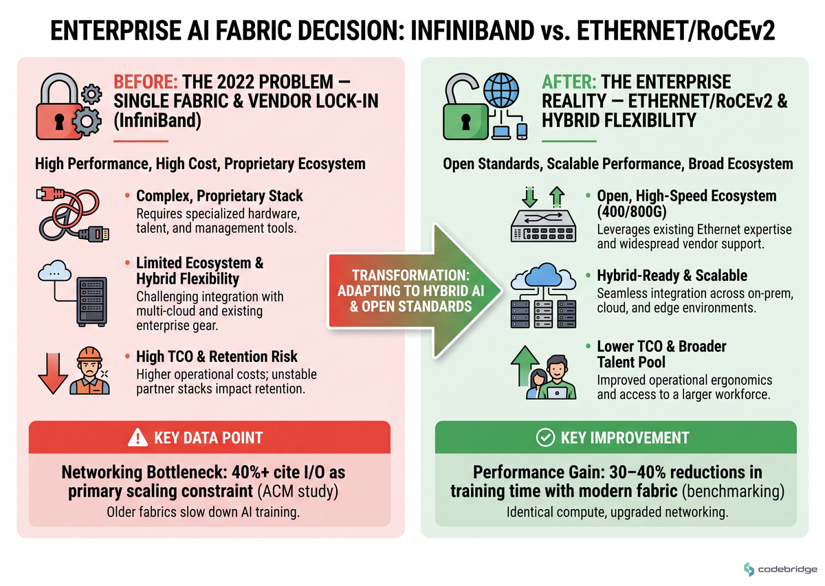 InfiniBand vs Ethernet/RoCEv2 for enterprise AI clusters — performance, ecosystem flexibility, and lock-in risk across heterogeneous-GPU, hybrid-cloud, and inference-only deployment scenarios