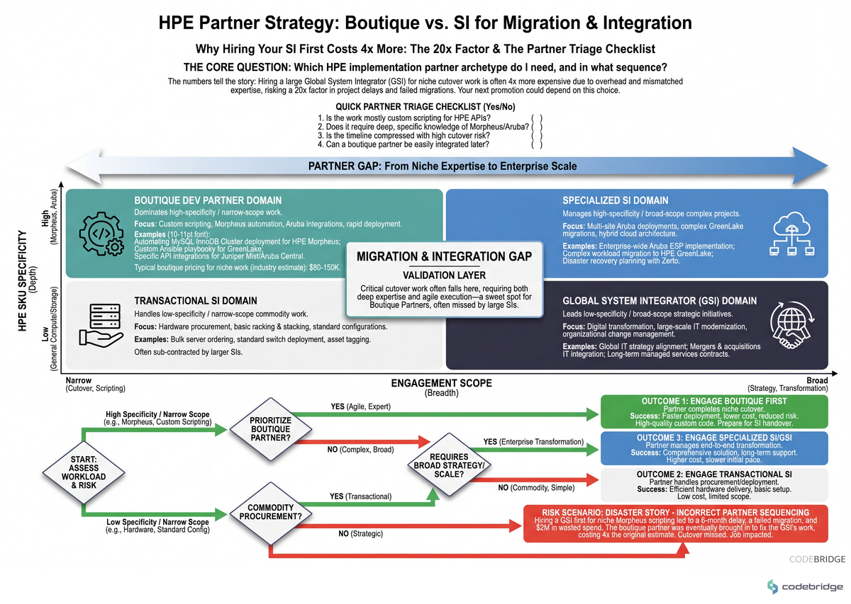 Two-axis matrix (engagement scope vs. HPE SKU specificity) showing which partner archetype wins each quadrant — boutique dominates the high-specificity / narrow-scope corner where most cutover work actually lives.