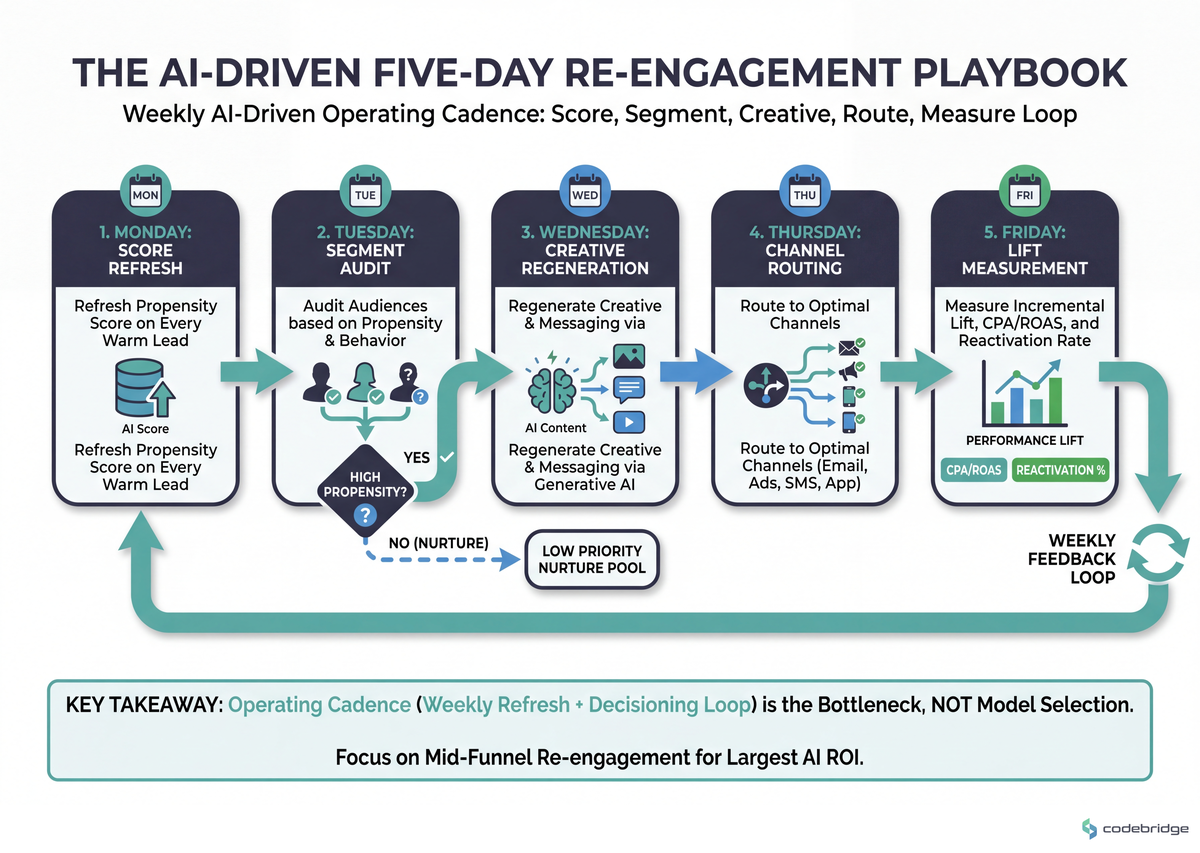 Monday score refresh → Tuesday segment audit → Wednesday creative regeneration → Thursday channel routing → Friday lift measurement, with the weekly loop closing back into Monday