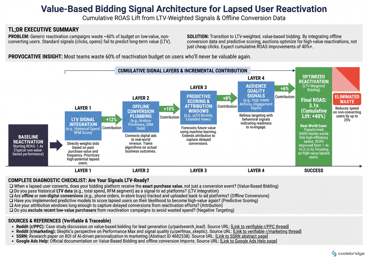 The right column shows where the money is: LTV-weighted signals reshape which lapsed users the auction actually pursues
