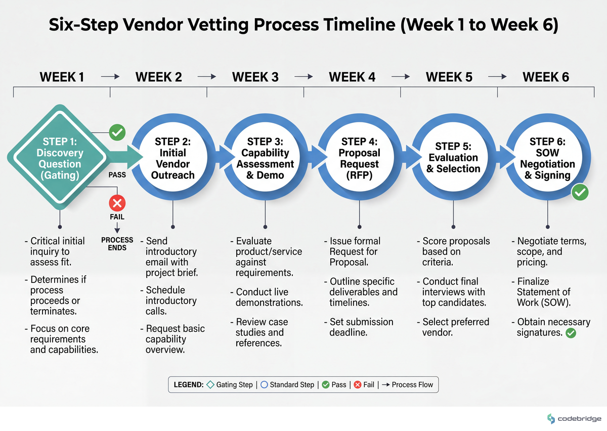 Six-step vetting calendar from initial vendor outreach to signed SOW — the discovery-process question (Step 1) gates everything that follows, so it sits in week one.
