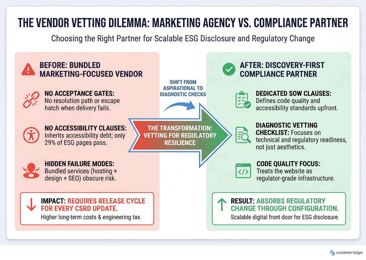 The right column shows why discovery-first vendors cost more upfront but absorb regulatory change through configuration — left-column vendors require a release cycle every time CSRD updates.