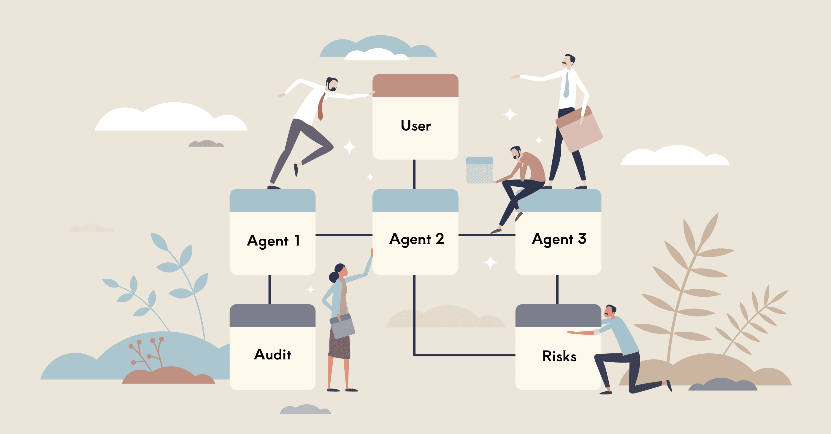 Business people building an AI orchestration workflow