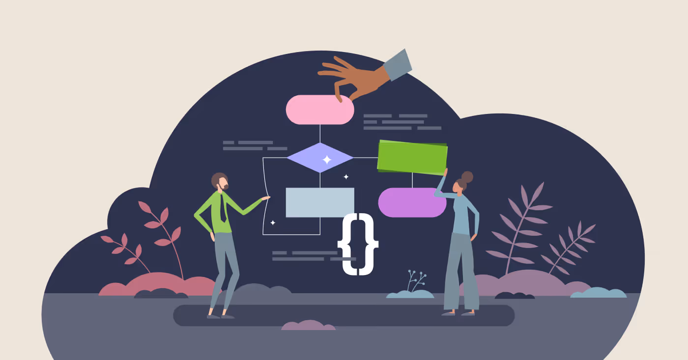Man and a woman are building a workflow and trying to fix bottlenecks with AI "Hand""
