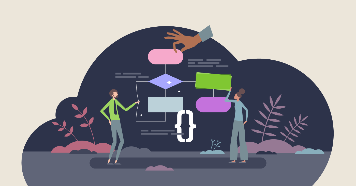 Man and a woman are building a workflow and trying to fix bottlenecks with AI "Hand""