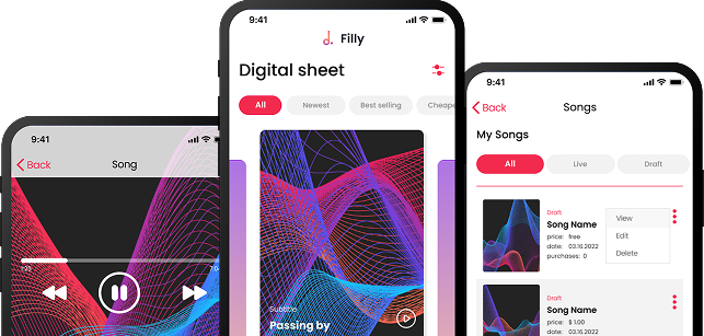 Three mobile devices with the UI/UX design.