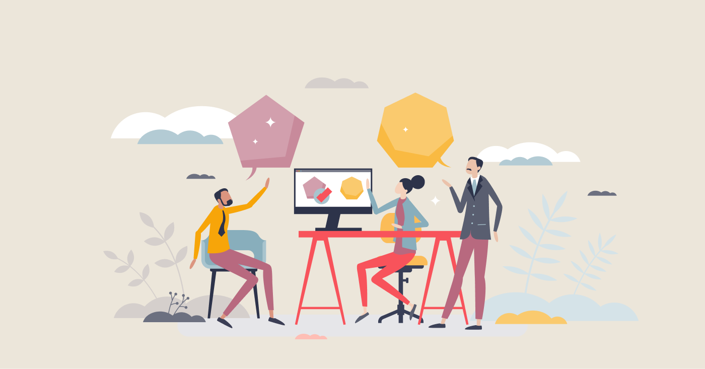 A vector image where people are sitting next to each other near the table and talking.