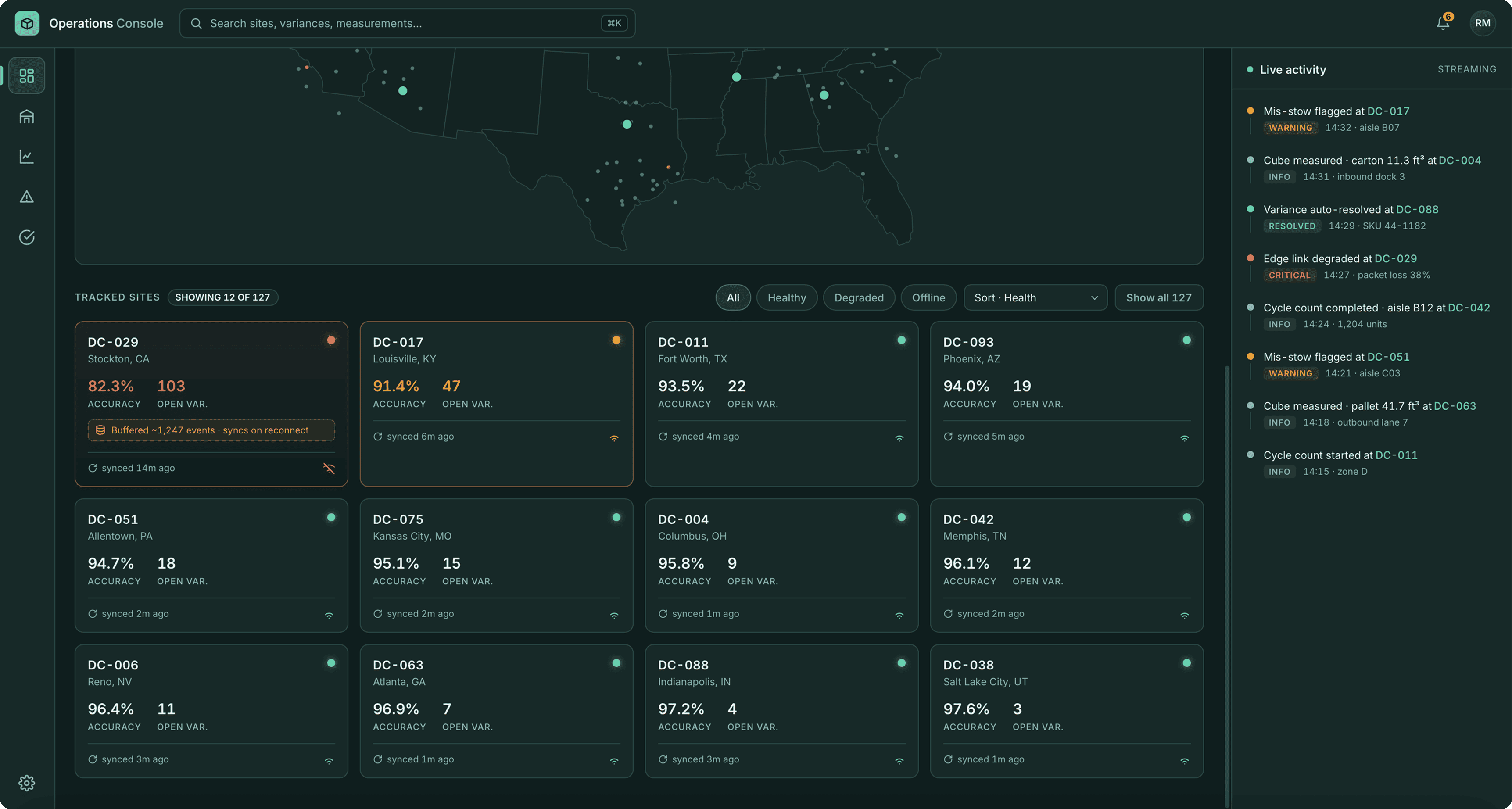 Operations console Sites view: per-depot tiles showing accuracy, open variances, edge-node health and last sync time.