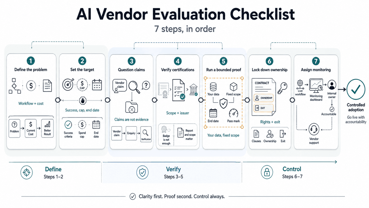 A visual infographic that represents AI vendor evaluation checklist and includes seven steps in order. It includes: defining the problem, setting the target, questioning the claims, verifying cerifications, running a bounded proof, locking down ownership, assigning monitoring.