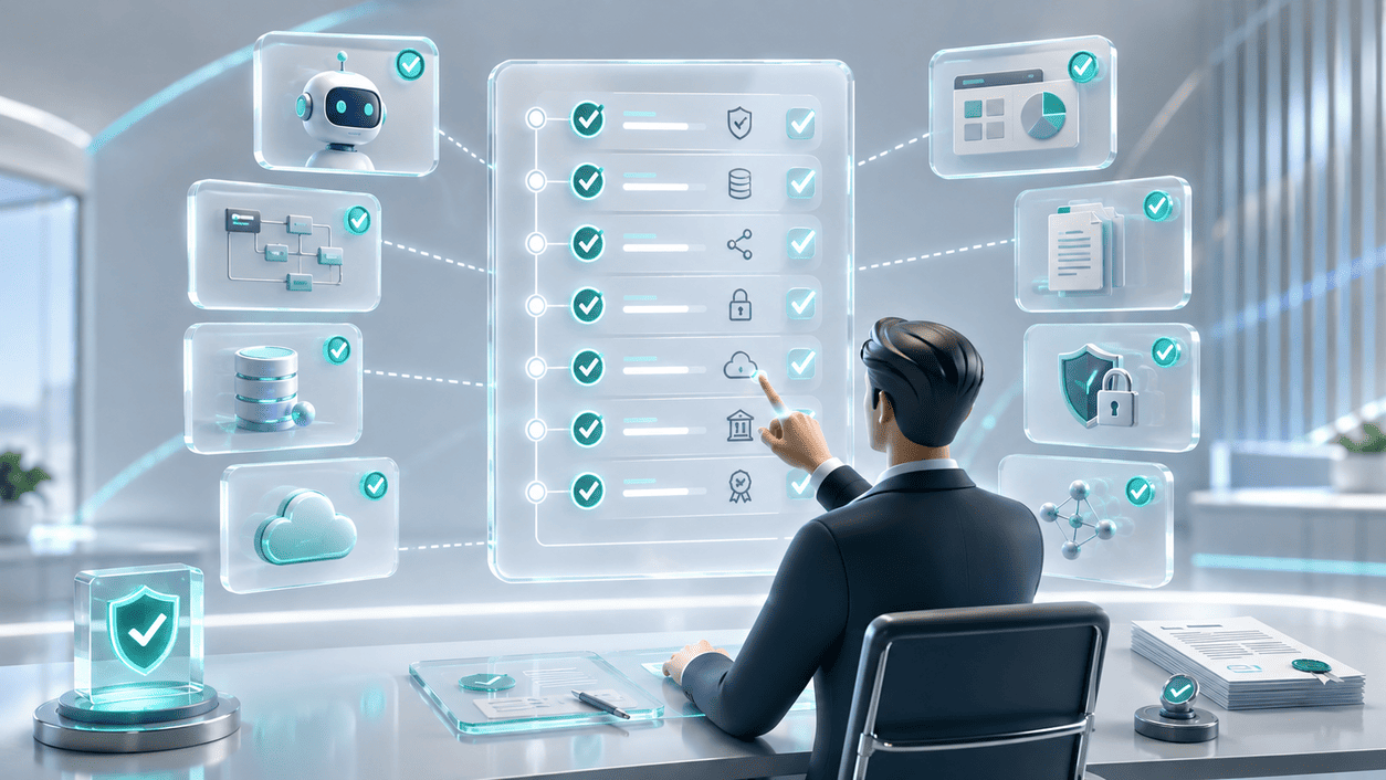 3D illustration of an accounting specialist looking at the AI vendor evaluation checklist. 