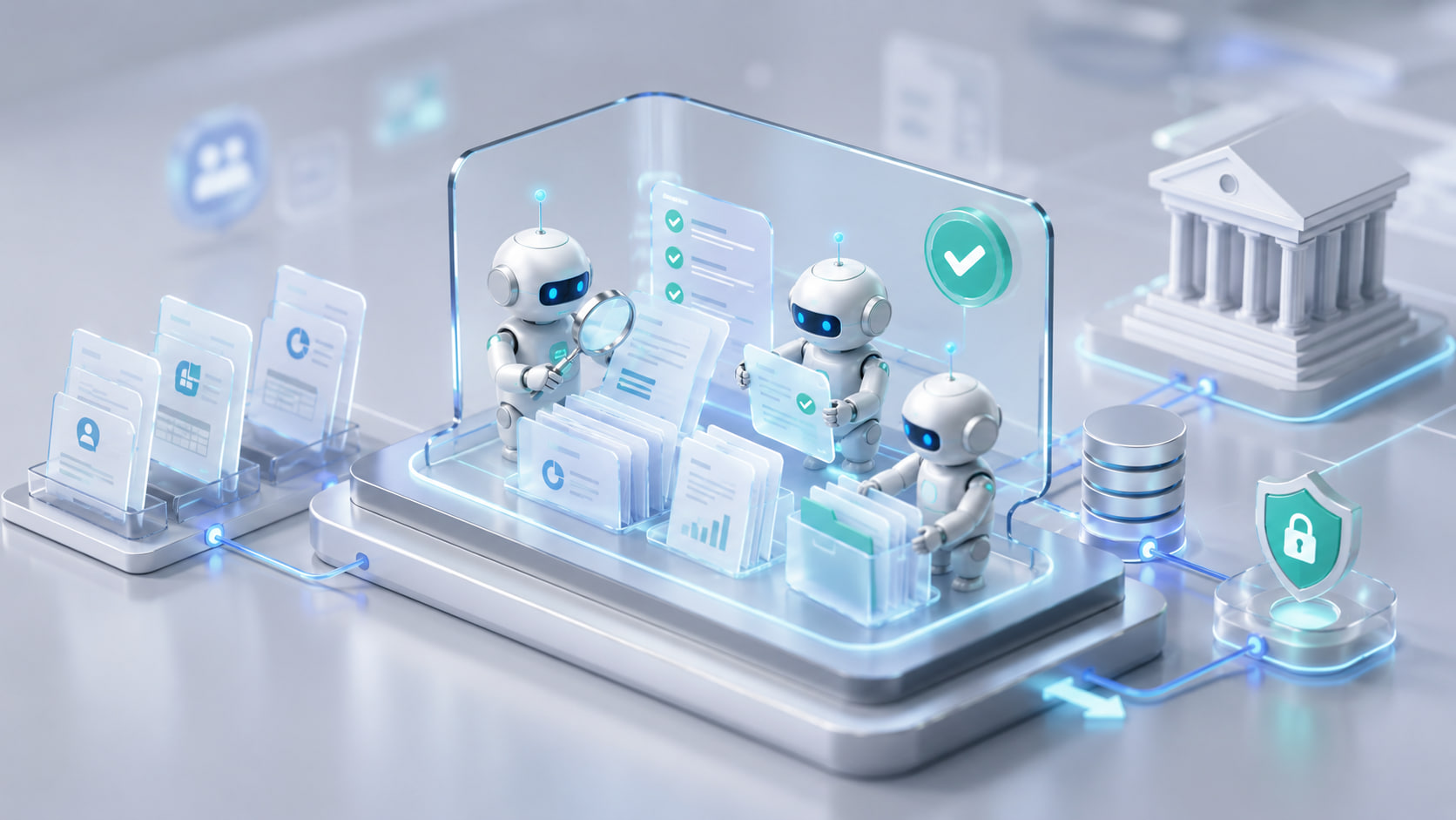 3D illustration of AI robots are working on document processing.