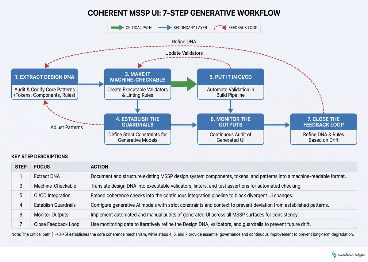 The critical path runs 1→3→5 — extract the DNA, make it machine-checkable, put it in CI. Steps 4, 6 and 7 are what stop the system decaying back to prompt-by-prompt correction within a quarter