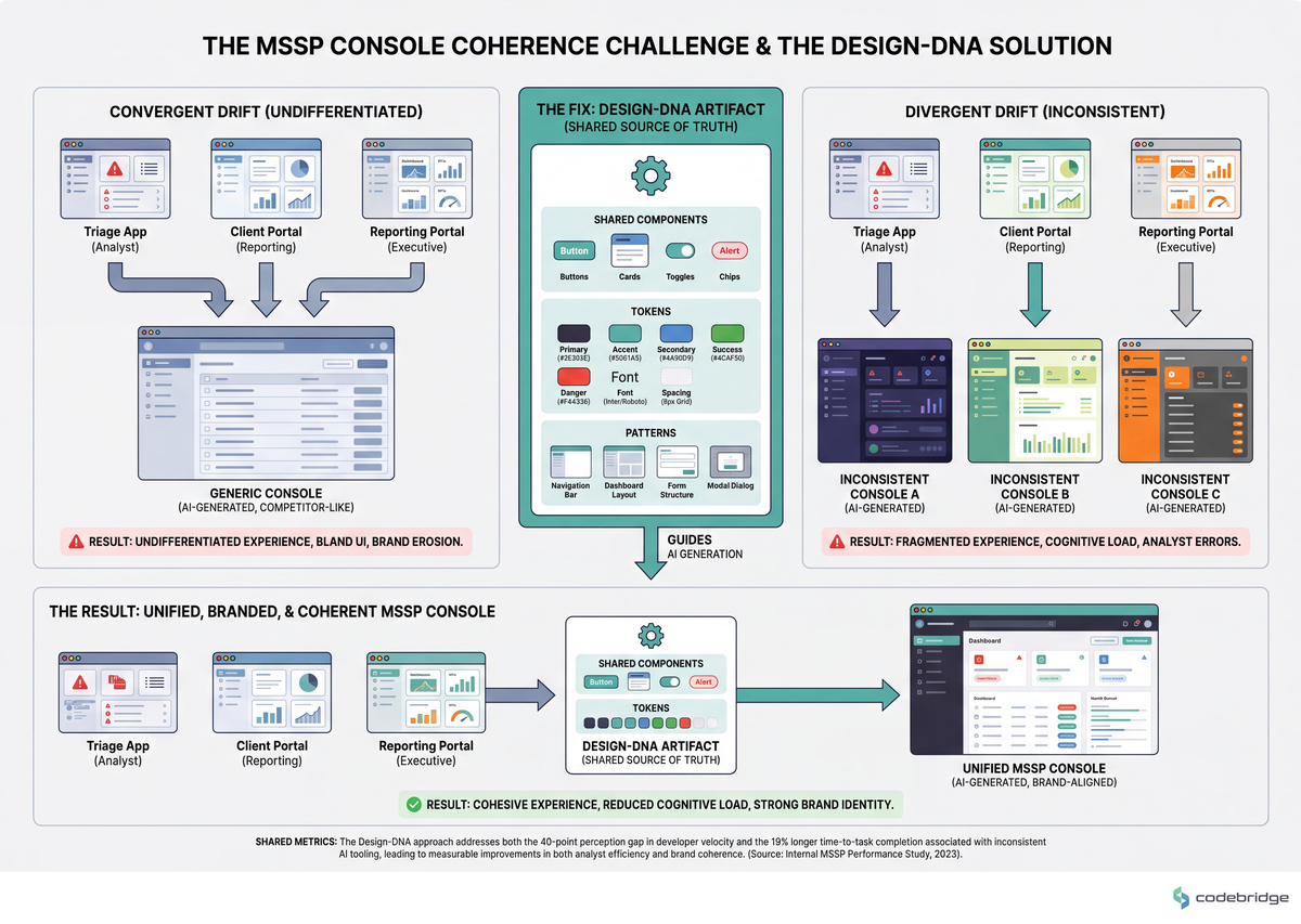 Convergent drift produces a generic console indistinguishable from competitors; divergent drift produces per-app inconsistency your analysts pay for at 3 a.m. — both are fixed by the same design-DNA artifact