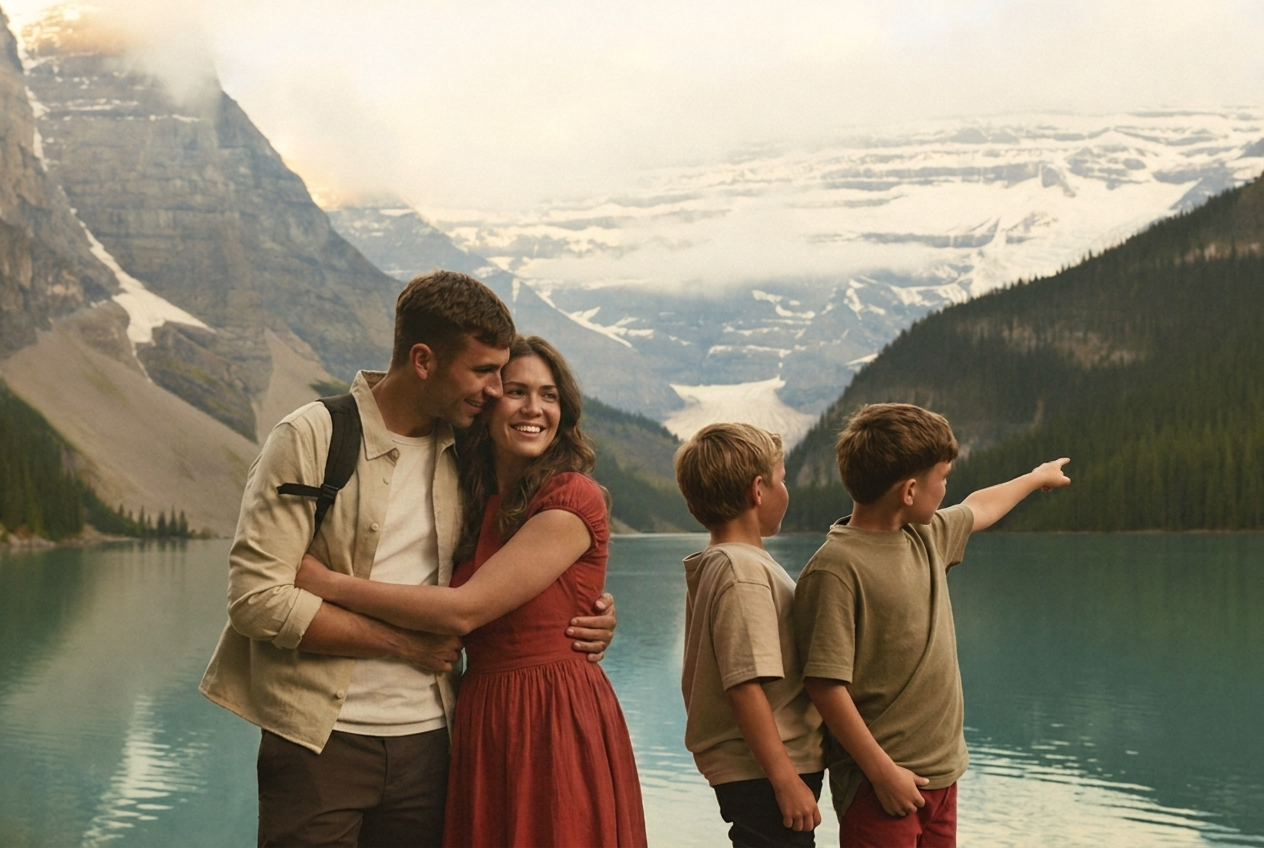 A young family taking in the view of Lake Louise on a road trip through the Canadian Rockies