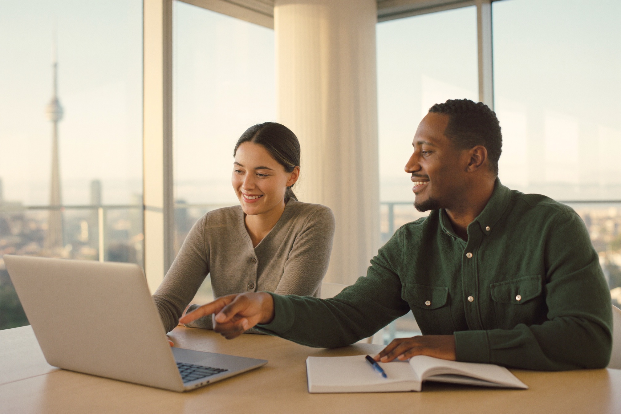 A couple in their thirties reviewing their finances together in their Toronto condo