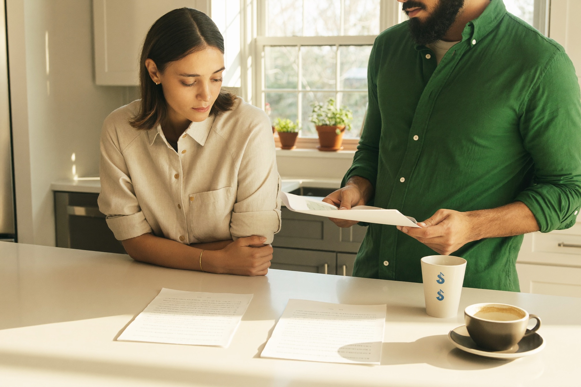 A couple in their thirties comparing home equity options at their kitchen island in Calgary