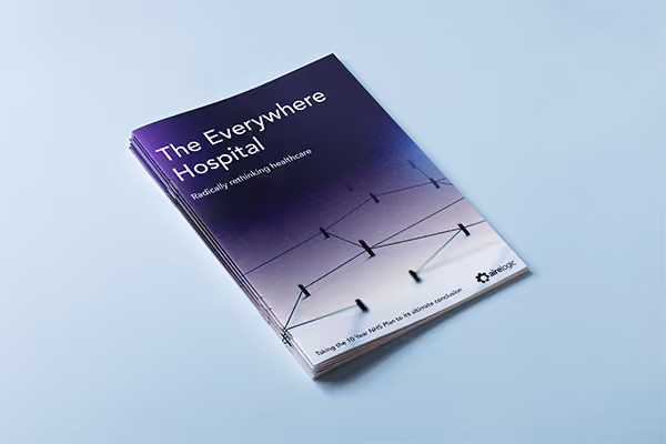 Stack of 'The Everywhere Hospital' reports on a light blue surface with network graphics on the cover.