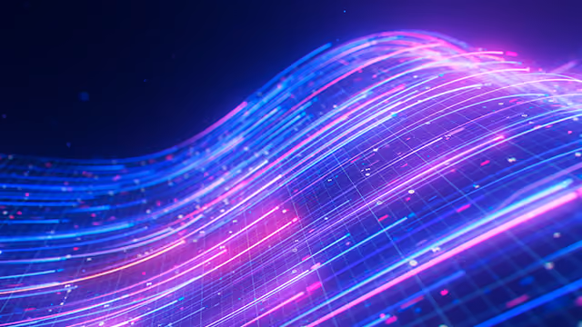 Curved flowing lines in blue and pink neon light with small glowing dots on dark background.