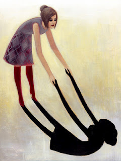 A woman bent over holding her shadow's hands to forgive herself.