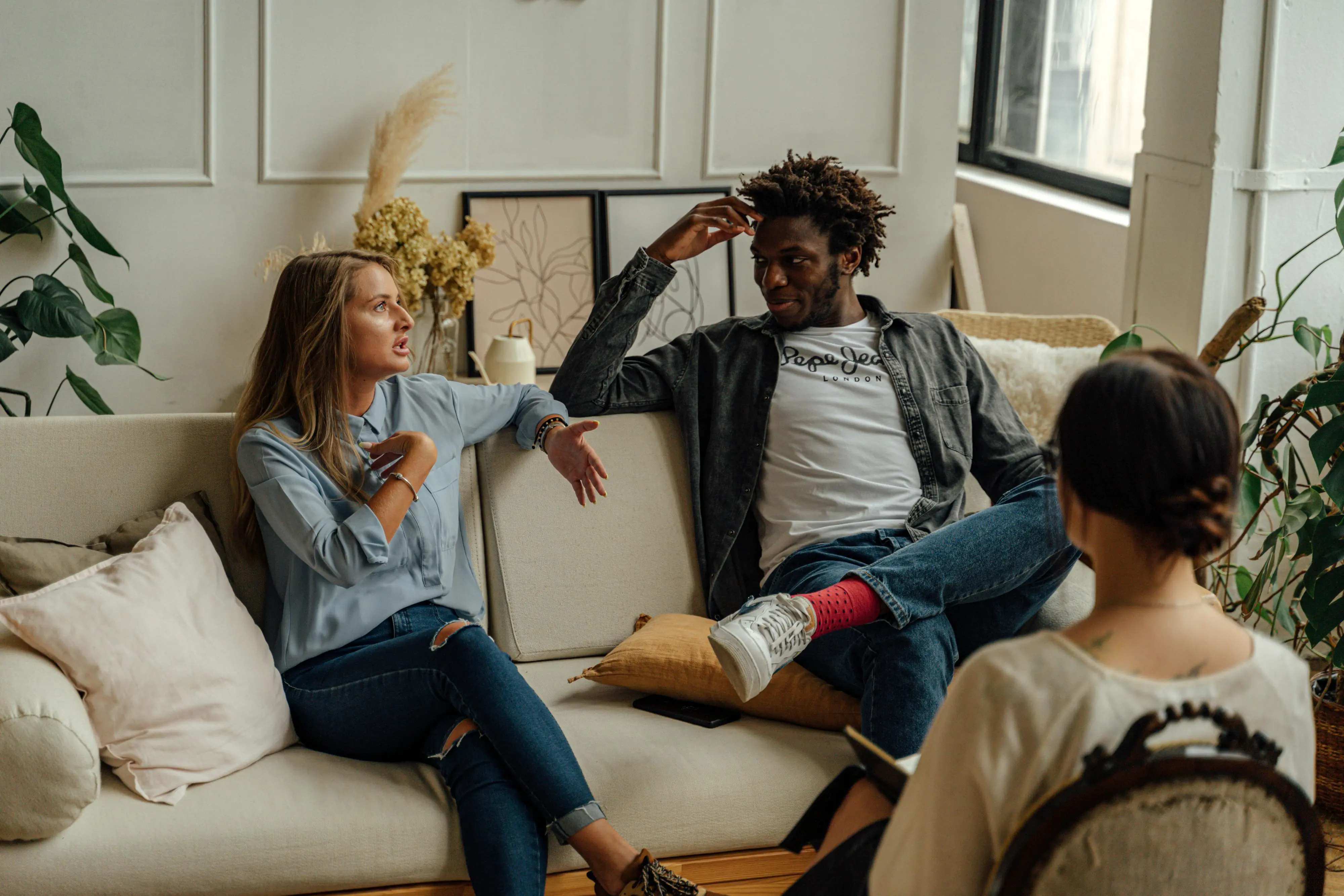 One partner talking to the other partner, during a couple's therapy session.
