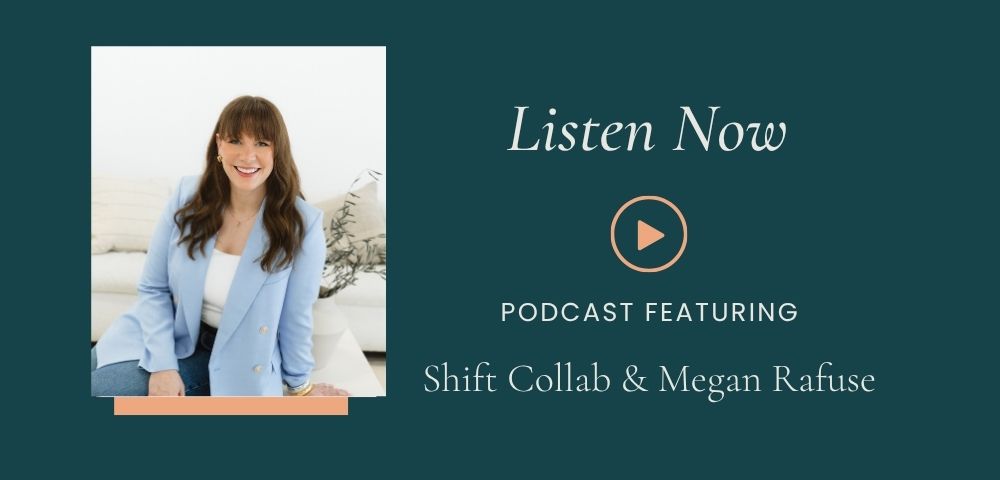 Headshot of Megan Rafuse in a business casual top smiling with a "Listen Now" play button