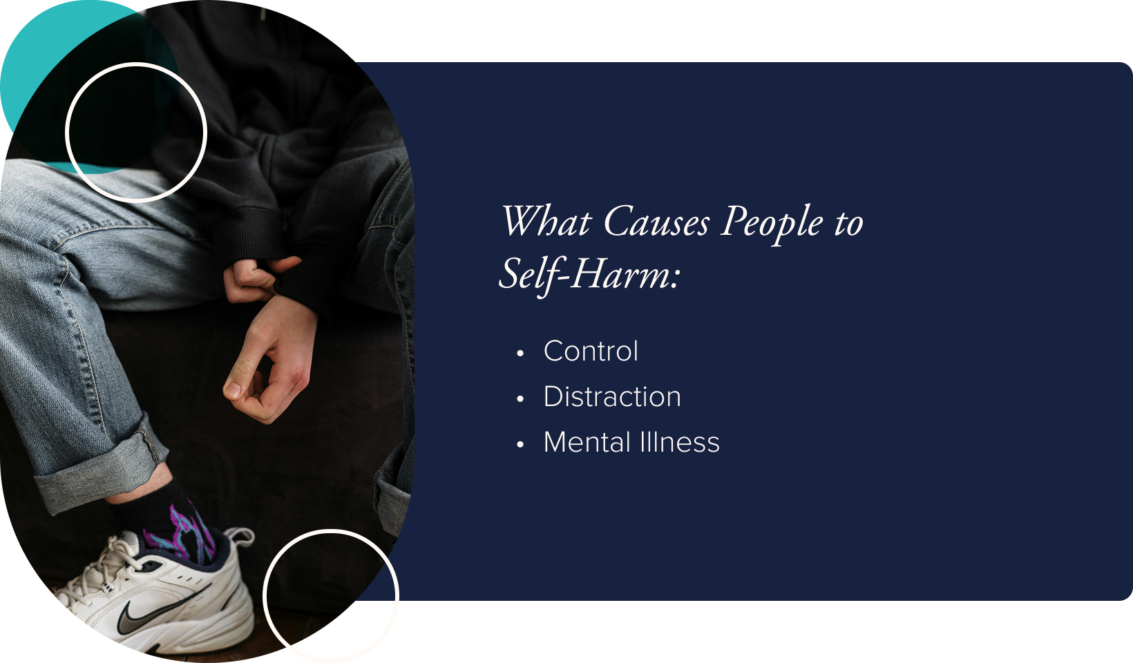 Image: A person with ed and raw knuckles trying to cover up their hands with their hoody sleeves. Text: What causes people to self harm - control, distraction, mental illness. 